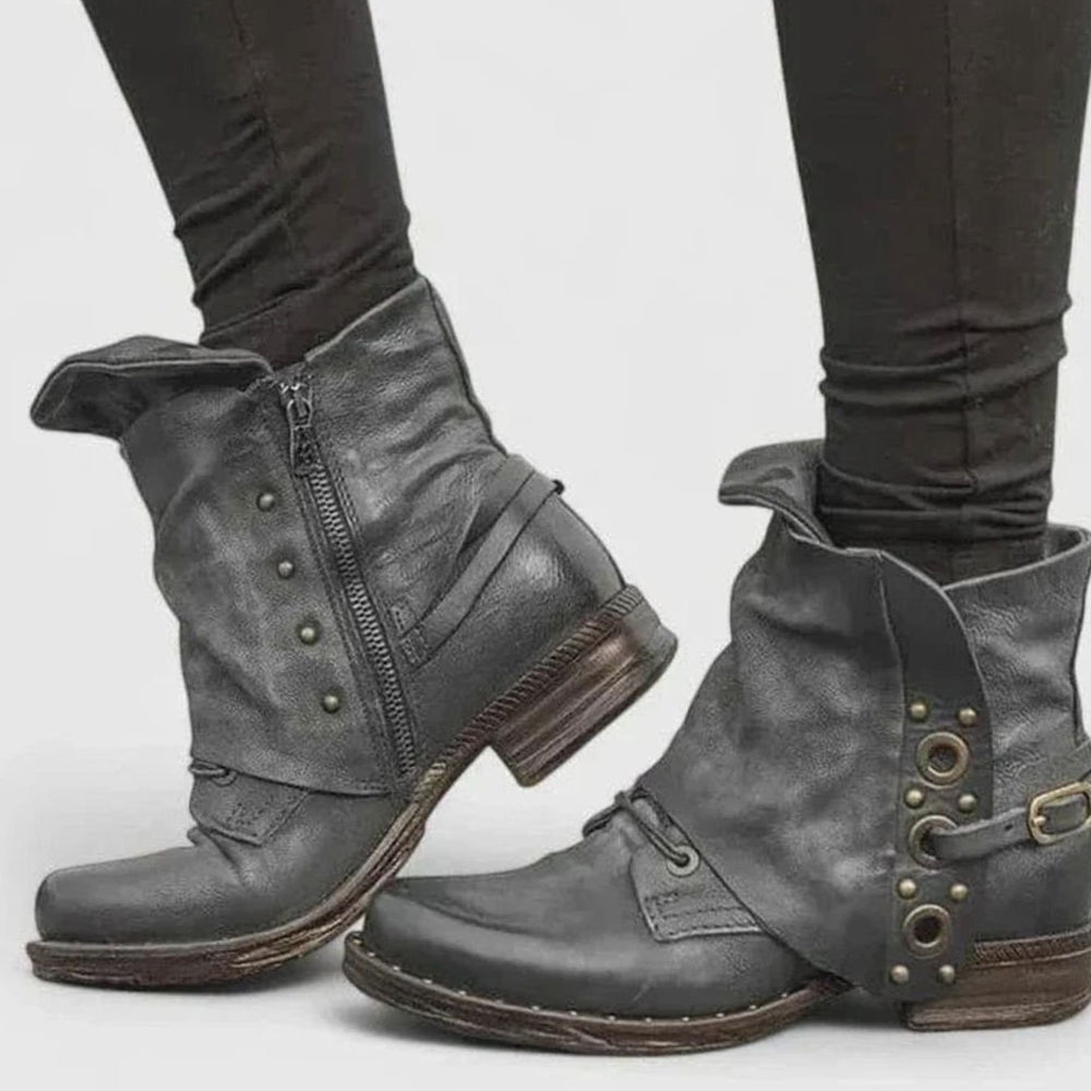 Women's Distressed Rivet Strap Side-Zip Ankle Boots - Gray