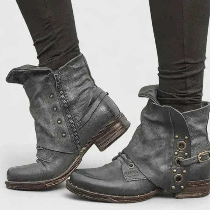 Women's Distressed Rivet Strap Side-Zip Ankle Boots - Gray