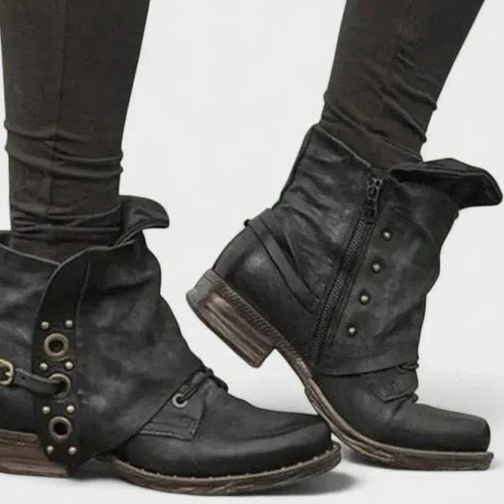 Women's Distressed Rivet Strap Side-Zip Ankle Boots - Black