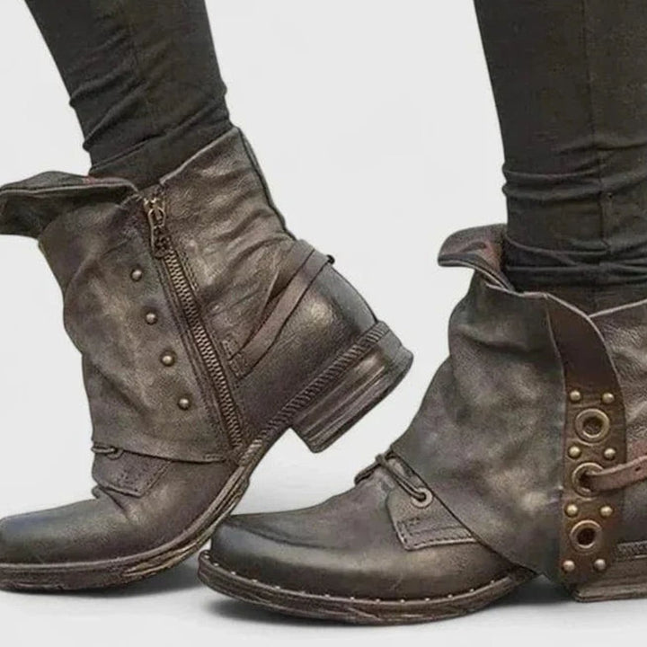 Women's Distressed Rivet Strap Side-Zip Ankle Boots