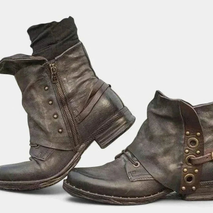 Women's Distressed Rivet Strap Side-Zip Ankle Boots