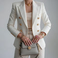 Eleanor | Women's Double-Breasted Fitted Blazer Gold Button Long Sleeve, White