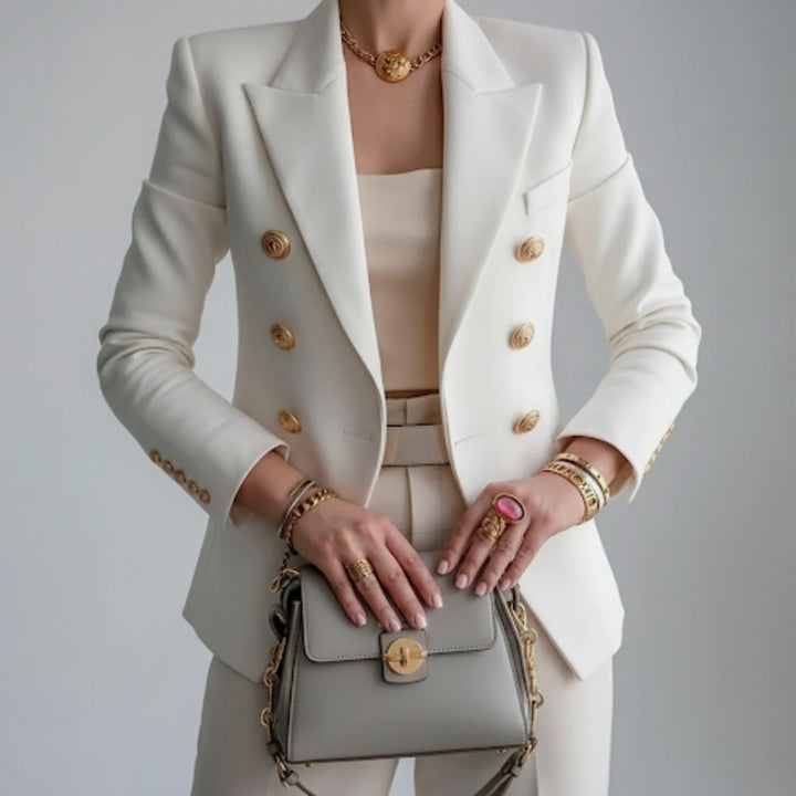 Women's Double-Breasted Fitted Blazer Gold Button Long Sleeve, White - White