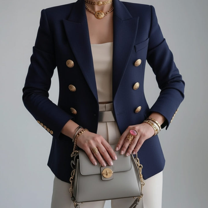 Women's Double-Breasted Fitted Blazer Gold Button Long Sleeve, White - Blue
