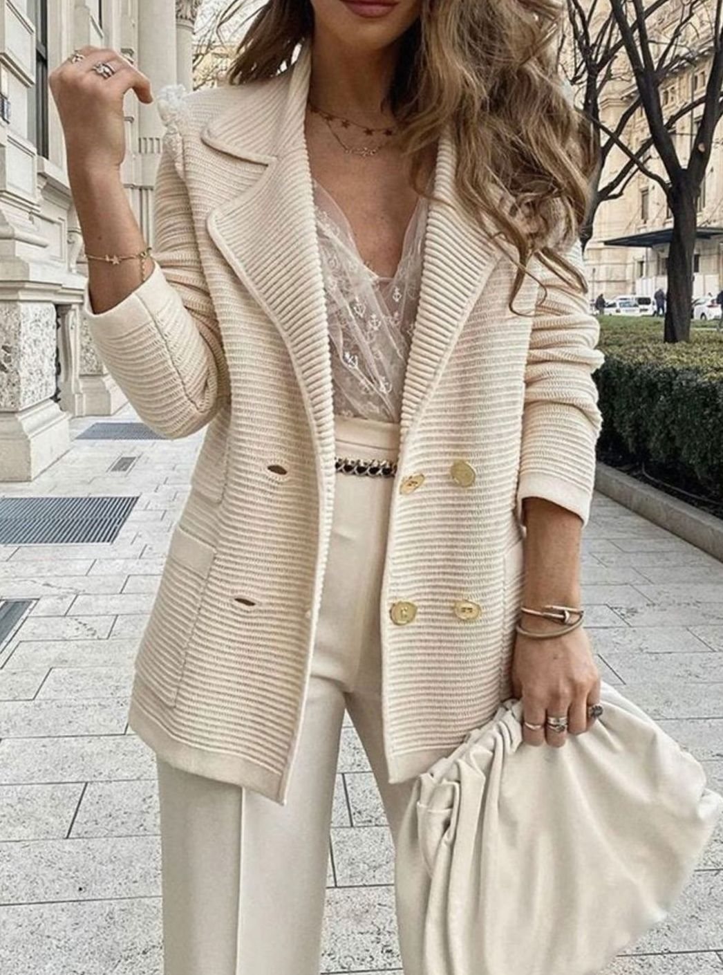 Women's Double-Breasted Ribbed Knit Blazer Cardigan - Khaki