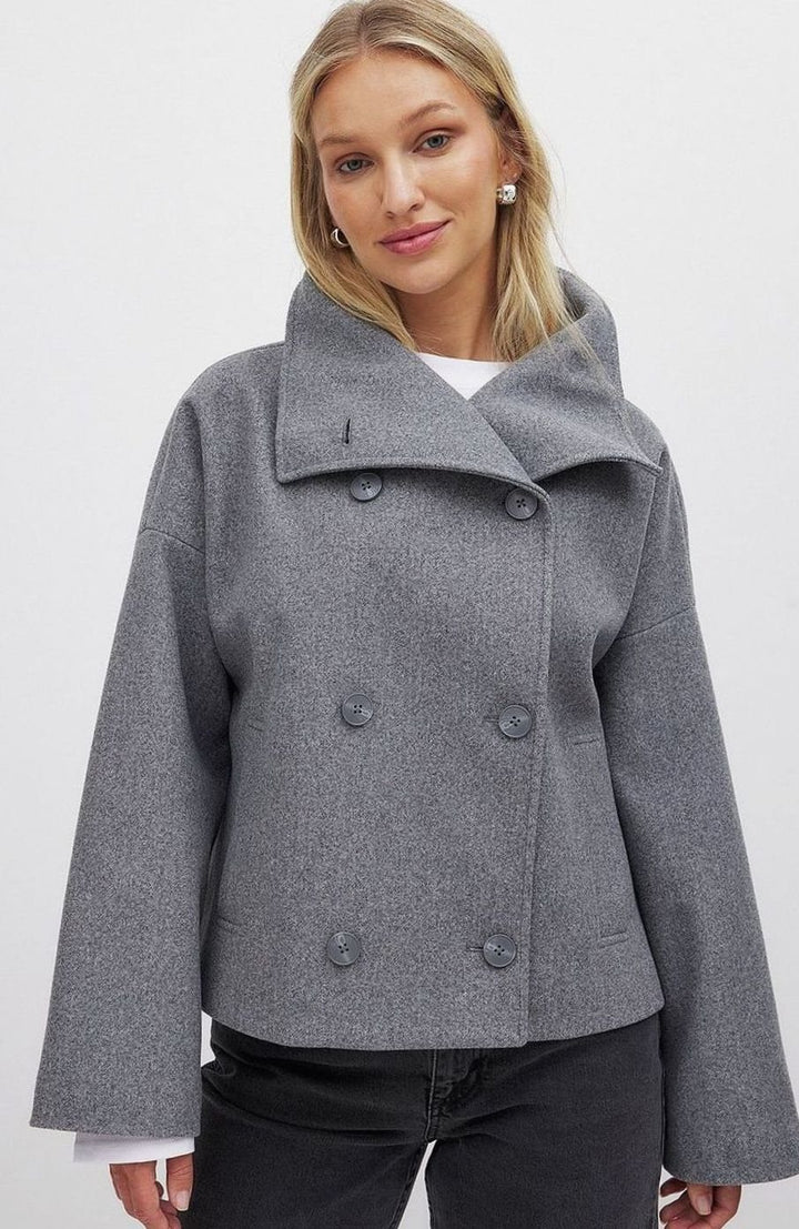 Women's Double-Breasted Short Wool-Look Coat - Grey
