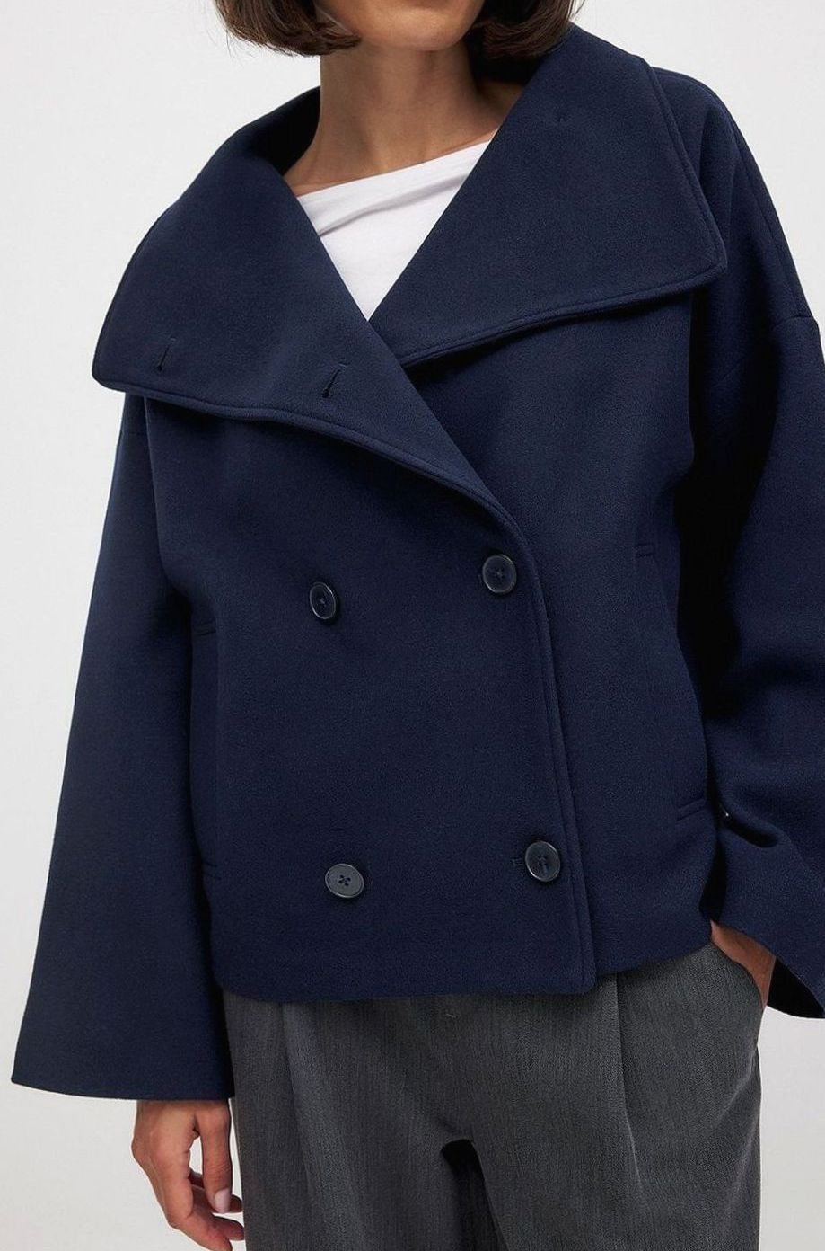 Women's Double-Breasted Short Wool-Look Coat - Navy