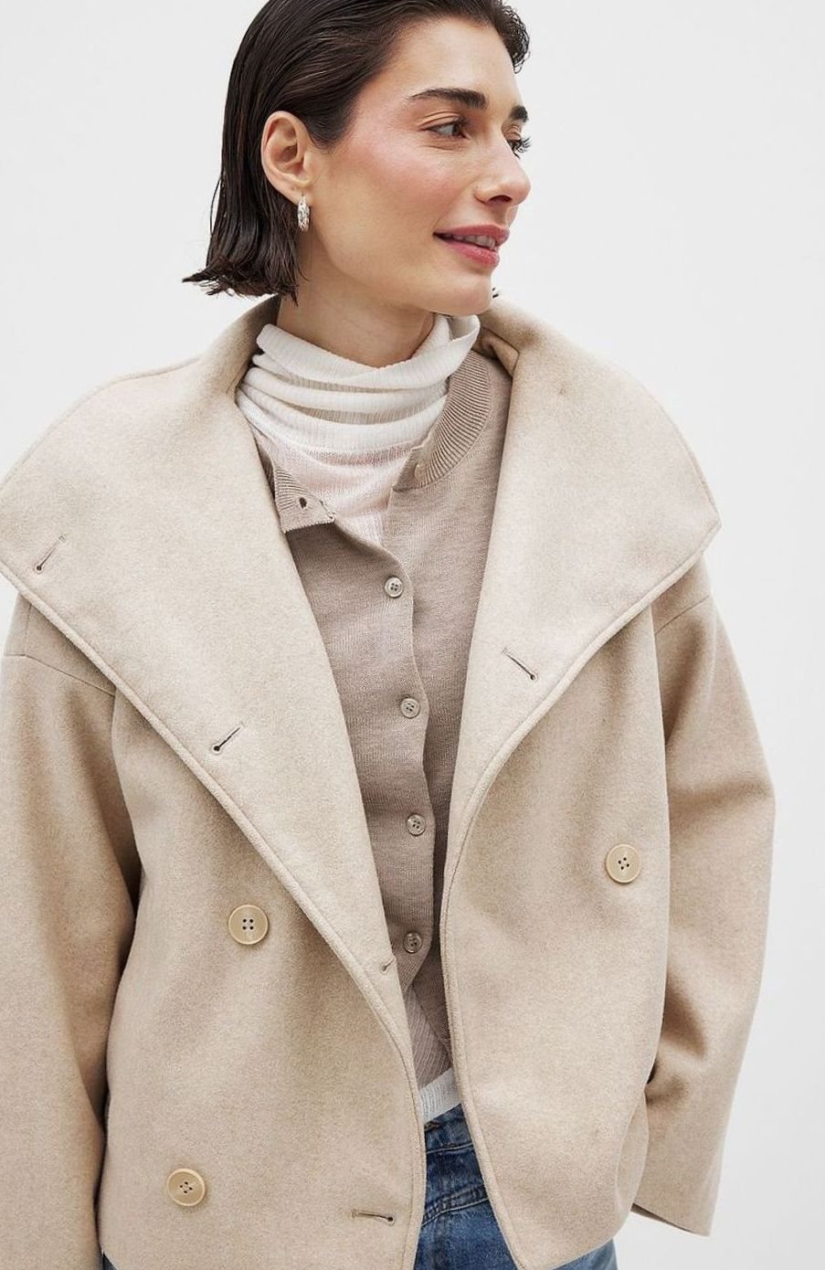 Women's Double-Breasted Short Wool-Look Coat - Beige