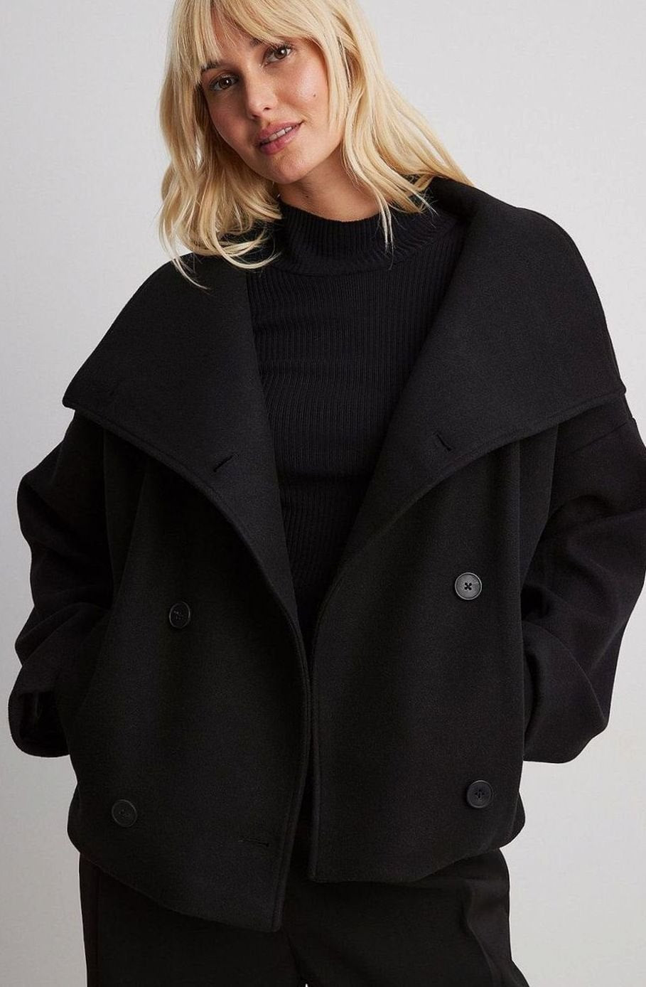 Women's Double-Breasted Short Wool-Look Coat - Black