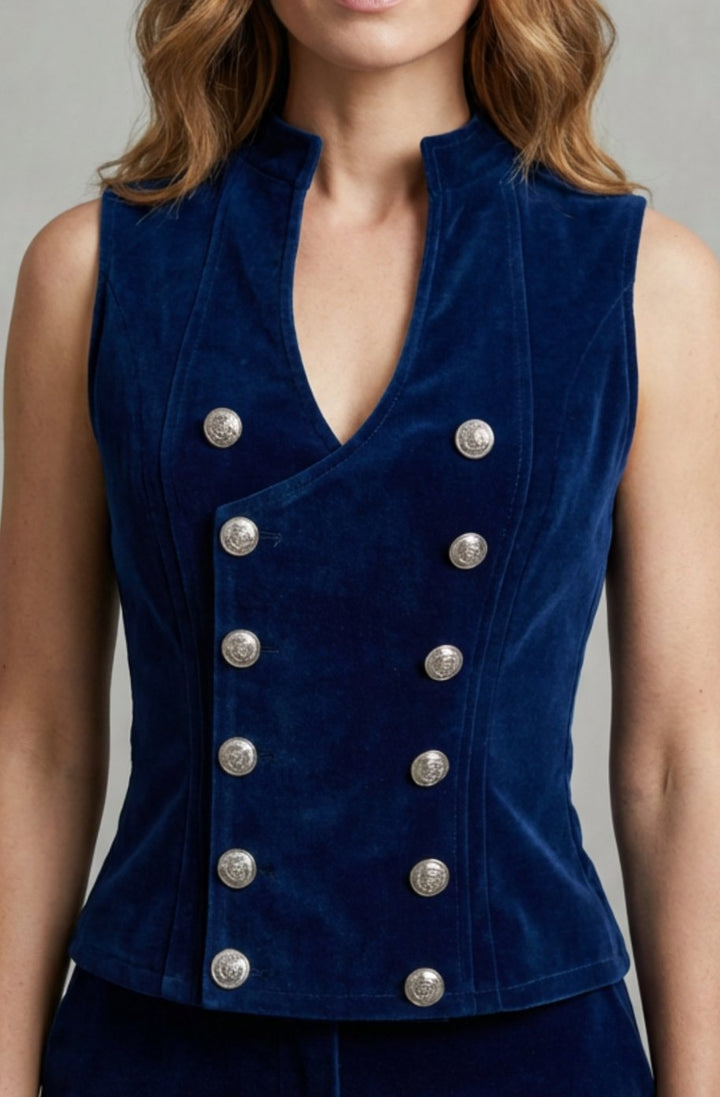 Women's Double-Breasted Velvet Military Fitted Waistcoat - Blue