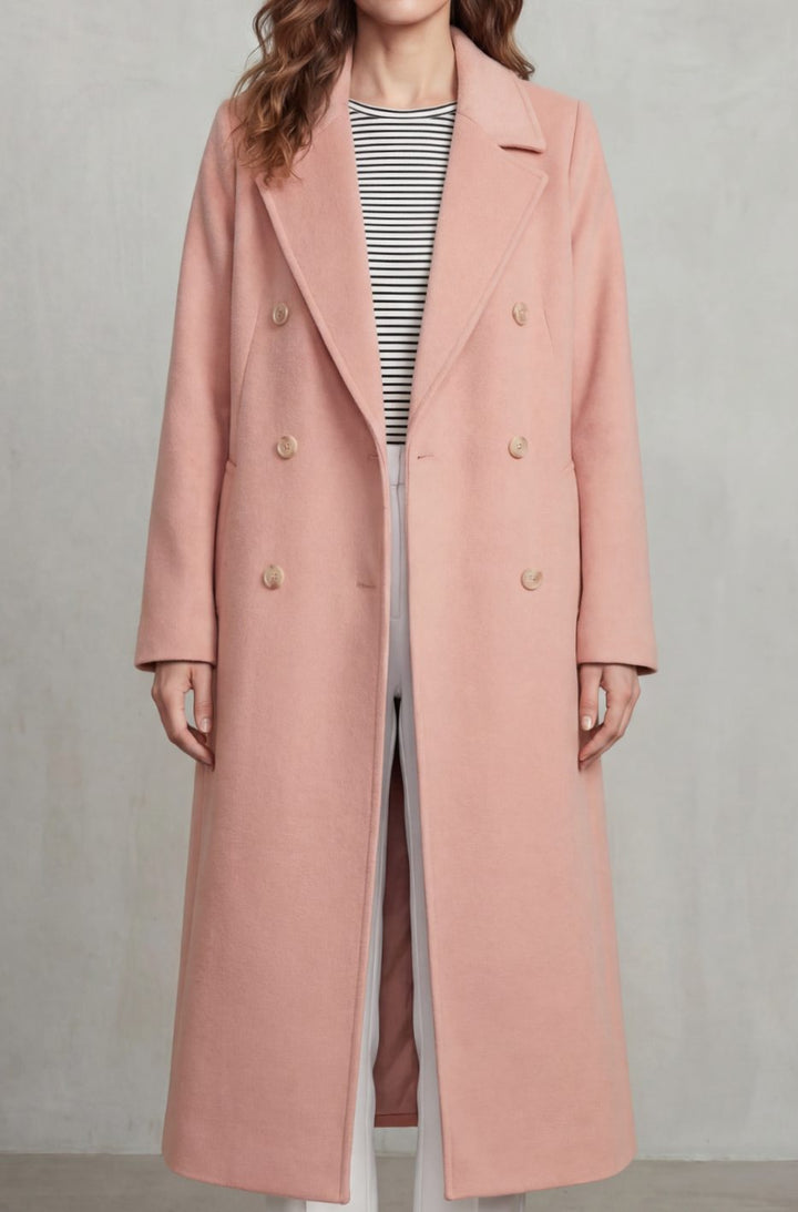 Women's Double-Breasted Wool Blend Long Maxi Coat - Pink
