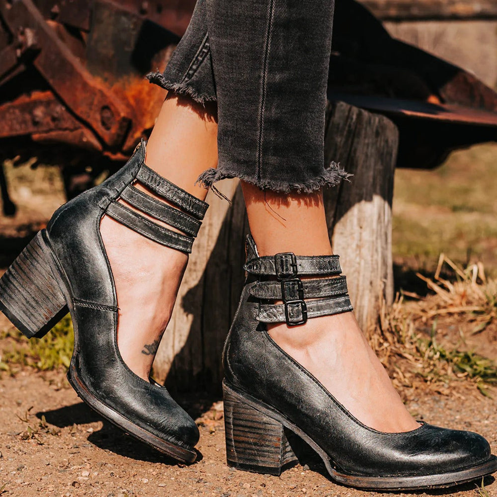 Women's Double-Buckle Block-Heel Ankle Boots - Black