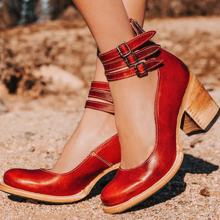 Women's Double-Buckle Block-Heel Ankle Boots - Red