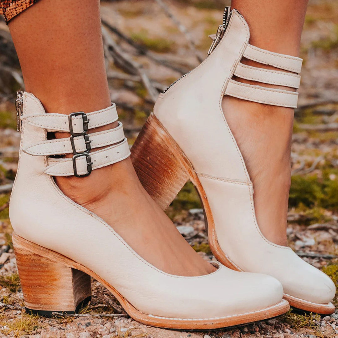 Women's Double-Buckle Block-Heel Ankle Boots - White