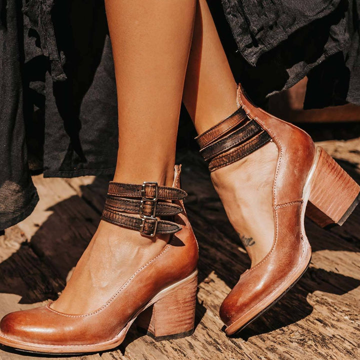 Women's Double-Buckle Block-Heel Ankle Boots - Dark Brown