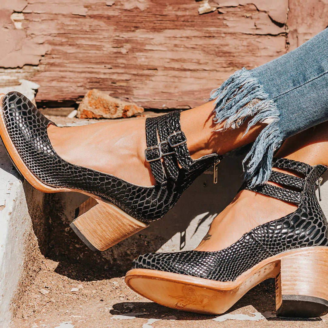 Women's Double-Buckle Block-Heel Ankle Boots - Black Snake Print