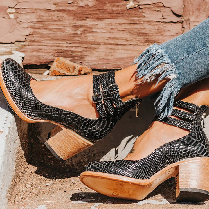 Women's Double-Buckle Block-Heel Ankle Boots - Black Snake Print