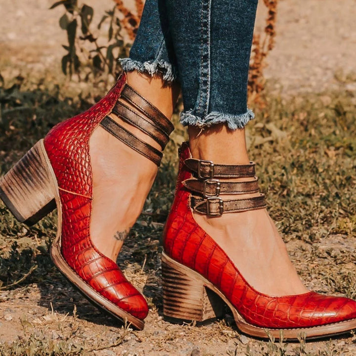 Women's Double-Buckle Block-Heel Ankle Boots - Red Snake Print