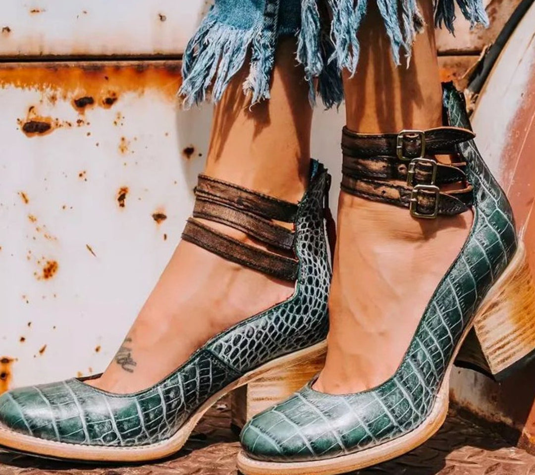 Women's Double-Buckle Block-Heel Ankle Boots - Green Snake Print
