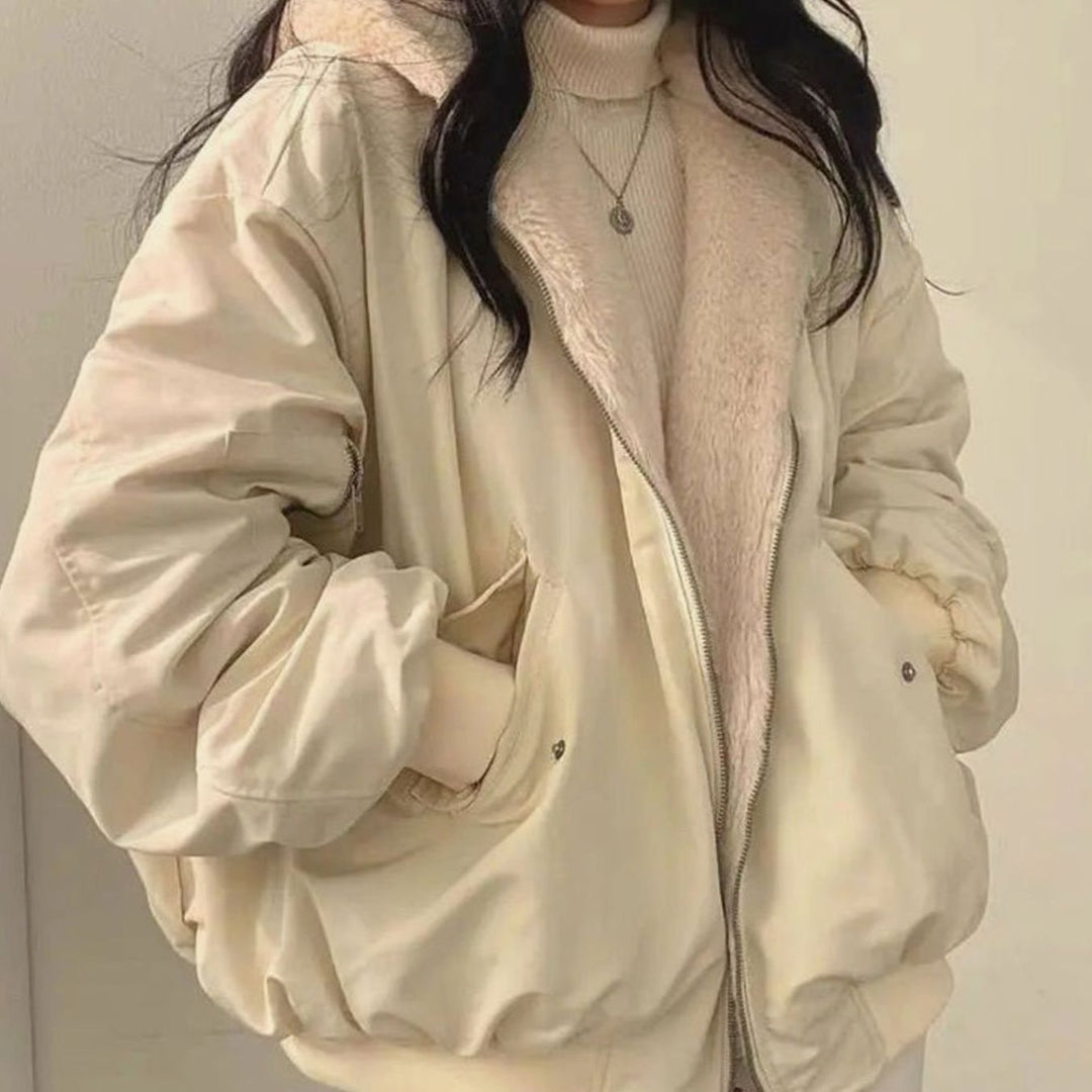 Women's Double-Layer Fleece-Lined Zip-Up Oversized Winter Jacket - Beige