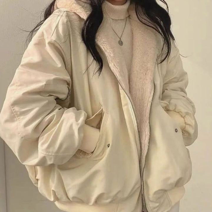 Women's Double-Layer Fleece-Lined Zip-Up Oversized Winter Jacket - Beige
