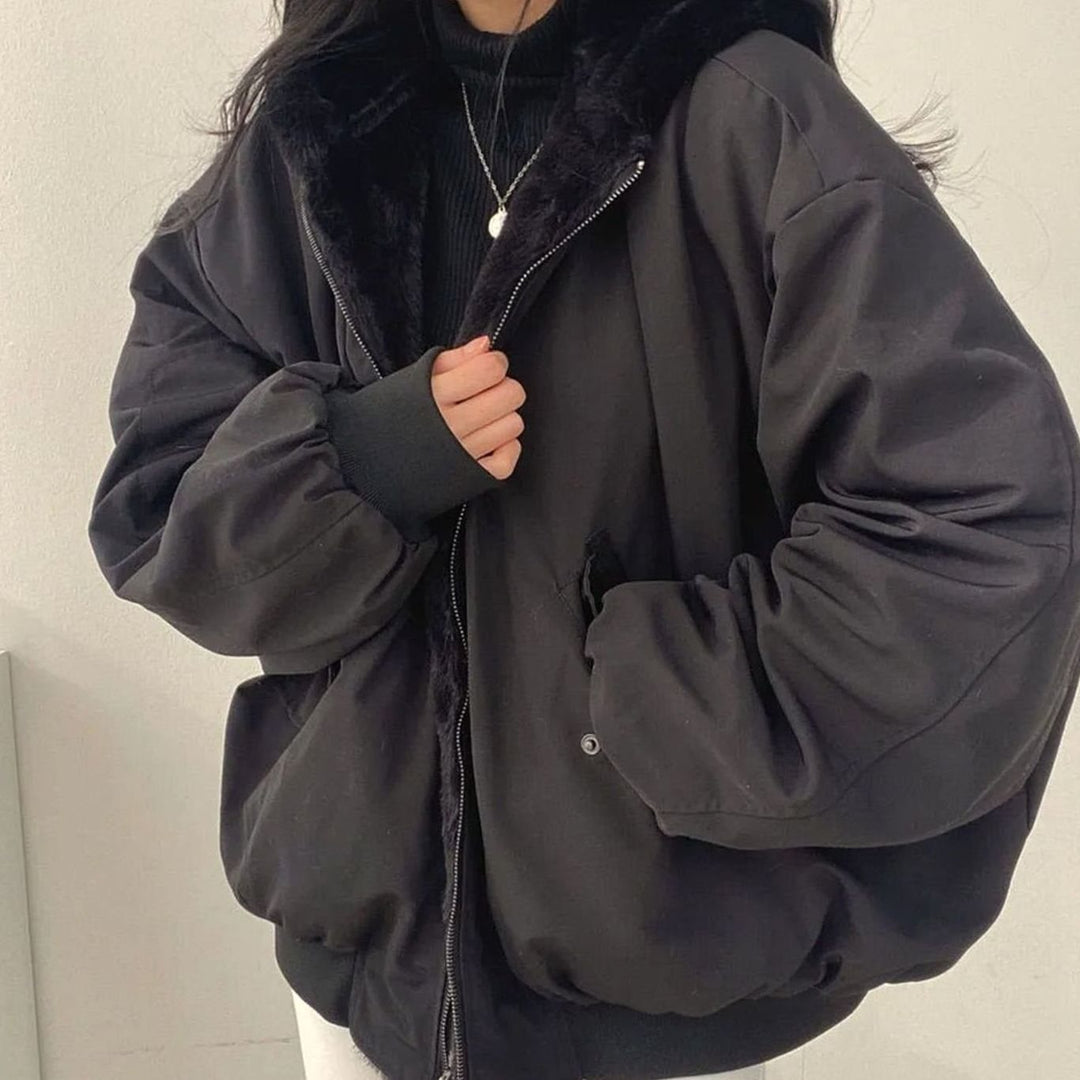 Women's Double-Layer Fleece-Lined Zip-Up Oversized Winter Jacket - Black