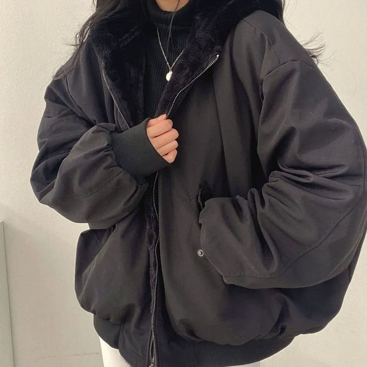 Women's Double-Layer Fleece-Lined Zip-Up Oversized Winter Jacket - Black