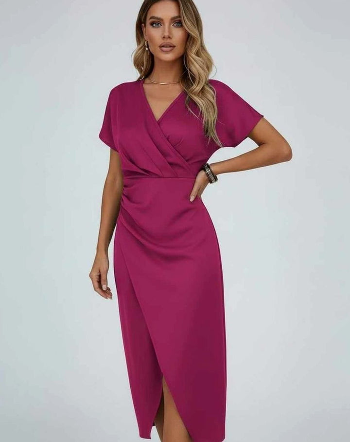 Women's Draped Midi Wrap Dress V-Neck Split Hem - Hot Pink
