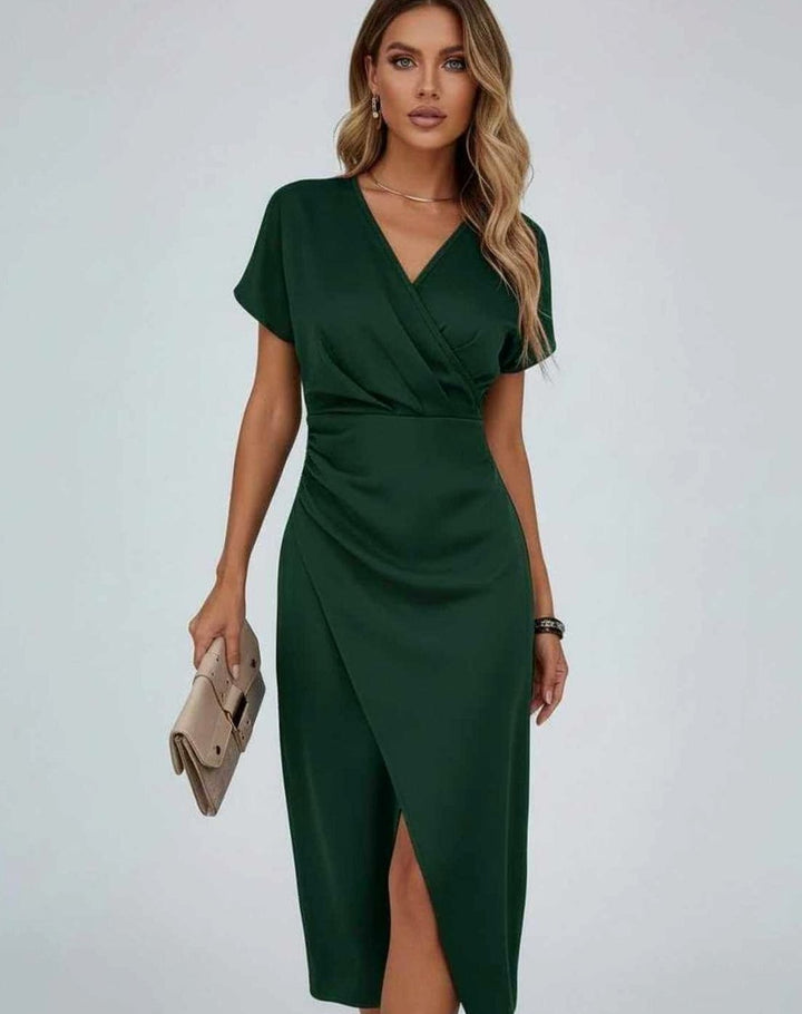 Women's Draped Midi Wrap Dress V-Neck Split Hem - Green