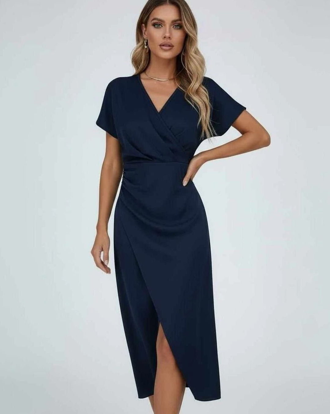 Women's Draped Midi Wrap Dress V-Neck Split Hem - Navy Blue