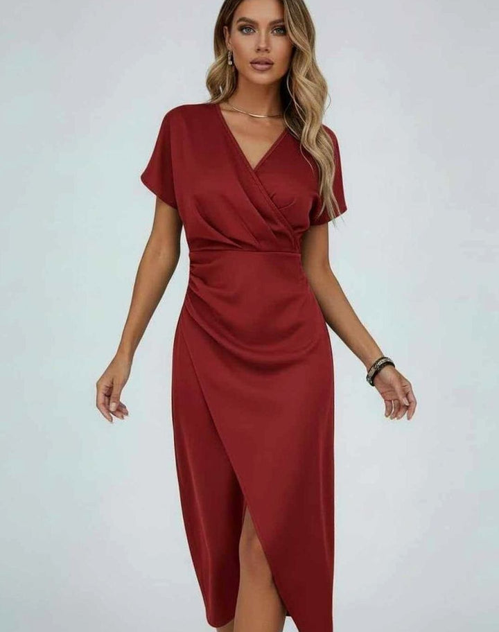 Women's Draped Midi Wrap Dress V-Neck Split Hem - Red