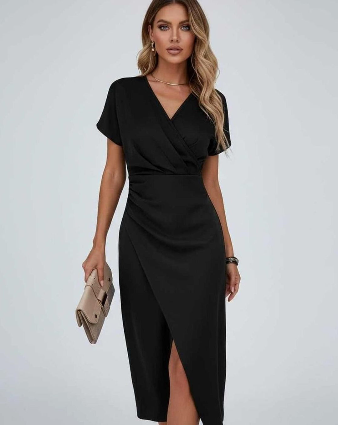Women's Draped Midi Wrap Dress V-Neck Split Hem - Black
