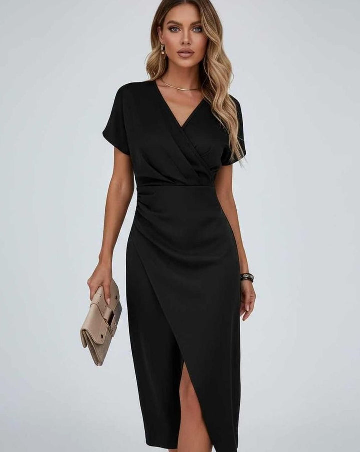 Women's Draped Midi Wrap Dress V-Neck Split Hem - Black