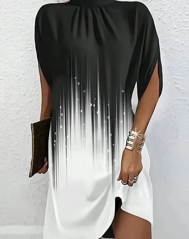 Women's Draped Mock-Neck Batwing-Sleeve Mini Dress - Black and White