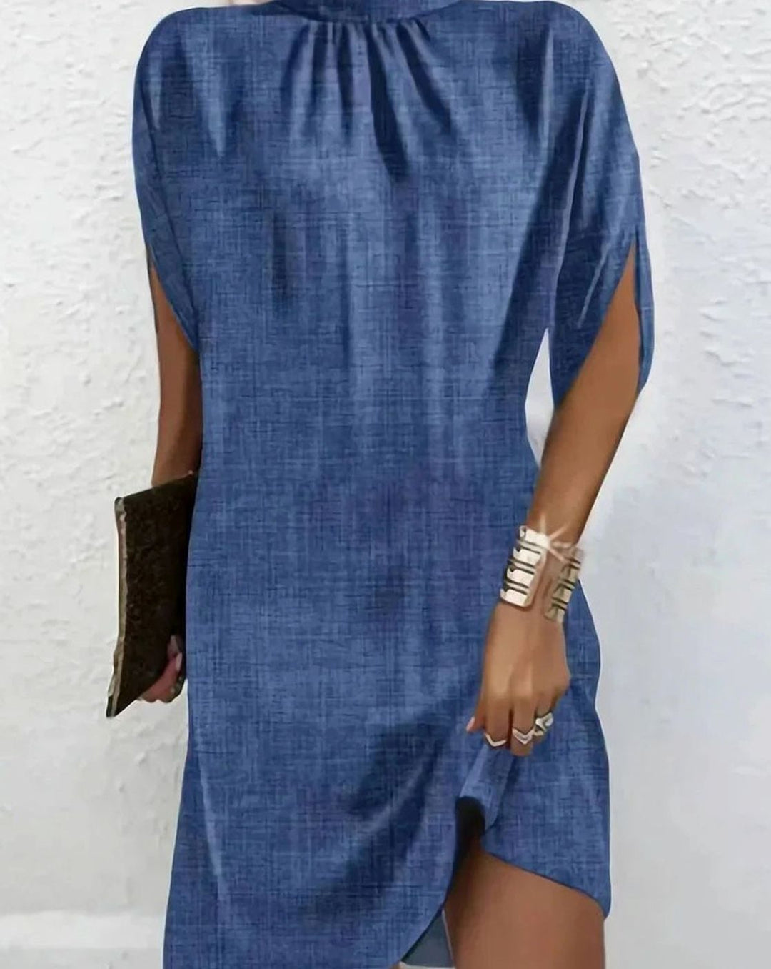 Women's Draped Mock-Neck Batwing-Sleeve Mini Dress - Navy Blue