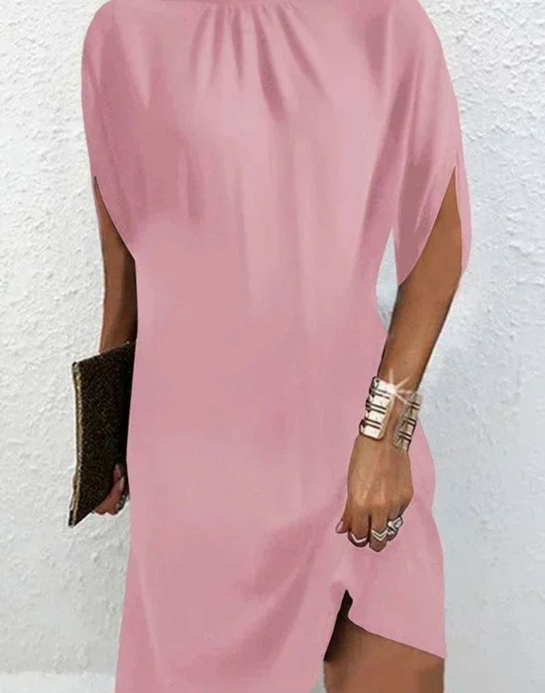Women's Draped Mock-Neck Batwing-Sleeve Mini Dress - Pink