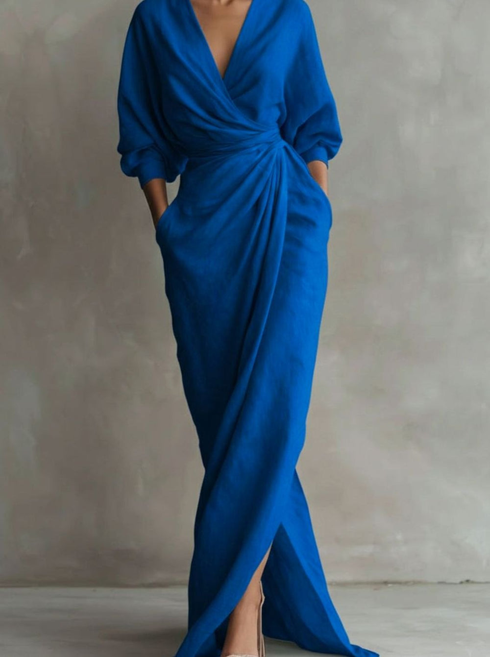 Women's Draped V-Neck 3/4 Sleeve Maxi Wrap Dress - Blue