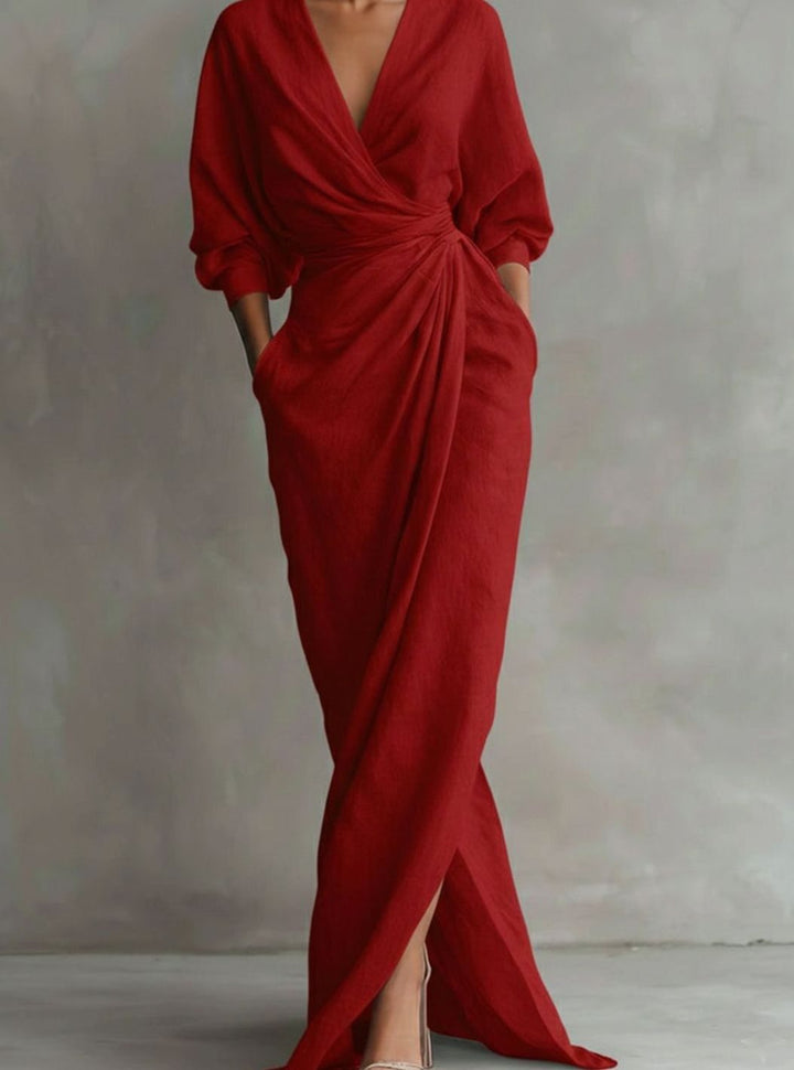 Women's Draped V-Neck 3/4 Sleeve Maxi Wrap Dress - Red