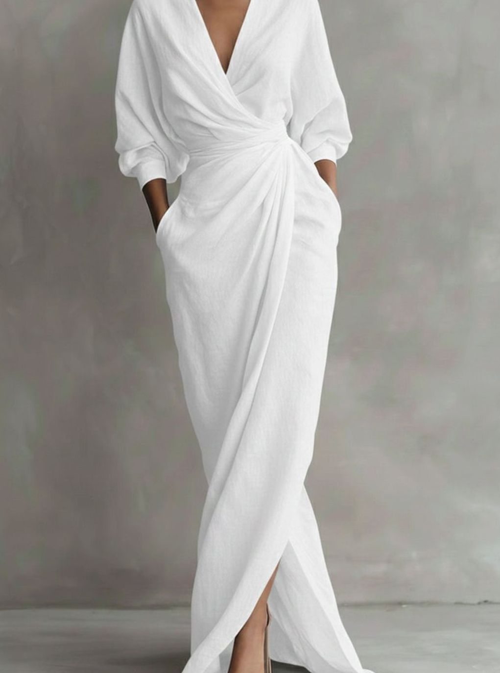 Women's Draped V-Neck 3/4 Sleeve Maxi Wrap Dress - White