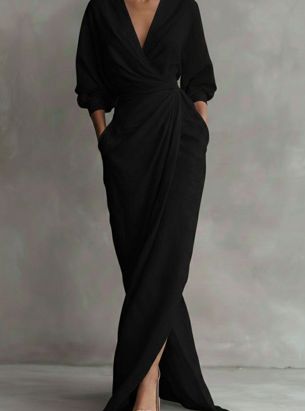 Women's Draped V-Neck 3/4 Sleeve Maxi Wrap Dress - Black