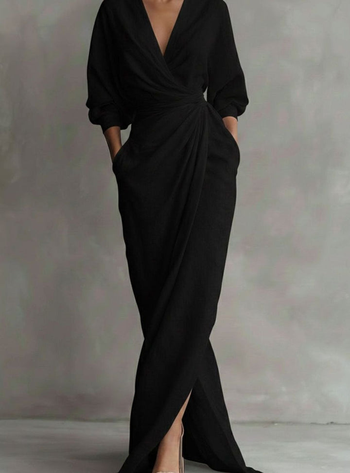 Women's Draped V-Neck 3/4 Sleeve Maxi Wrap Dress - Black