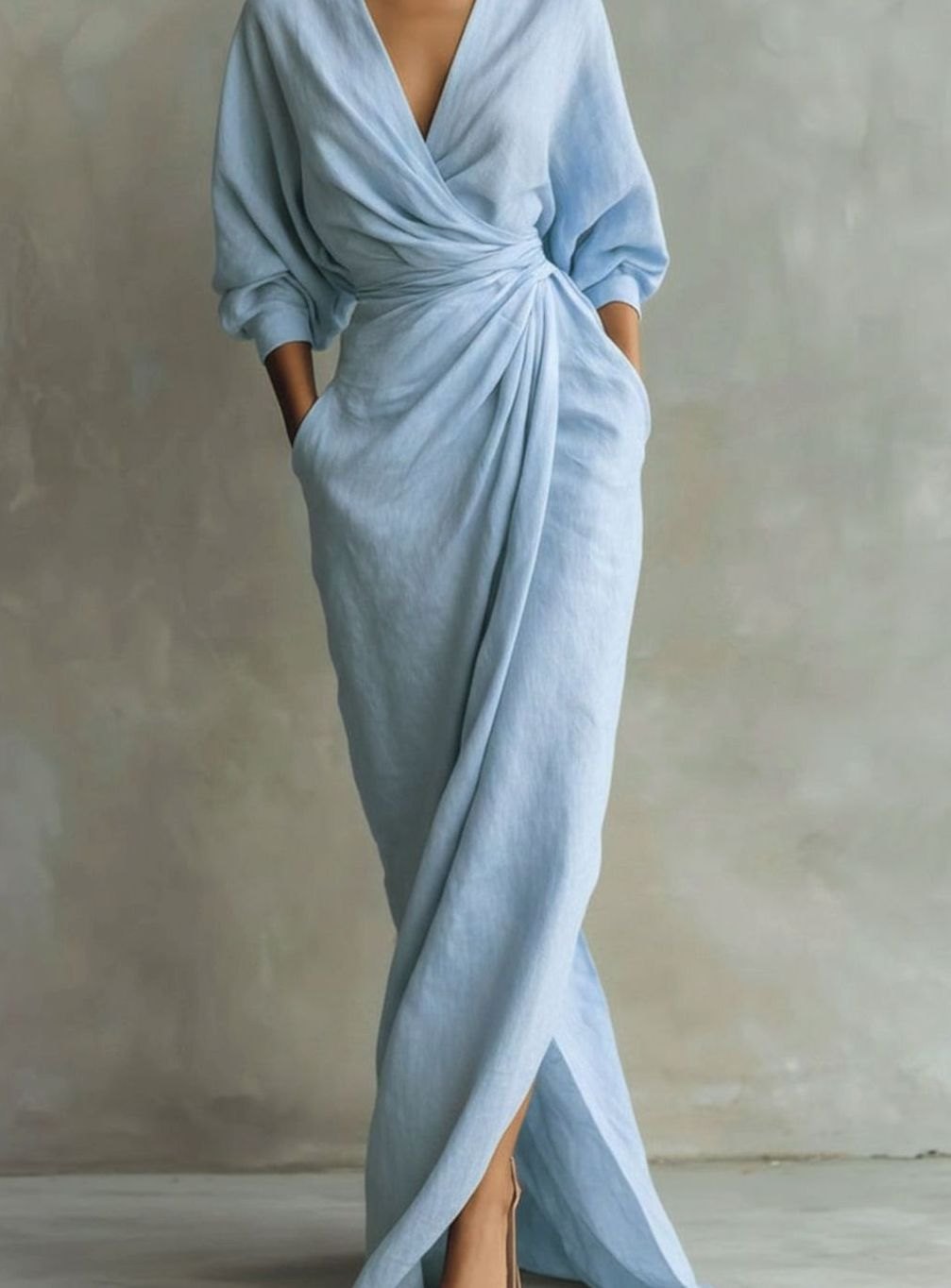 Women's Draped V-Neck 3/4 Sleeve Maxi Wrap Dress - Light Blue