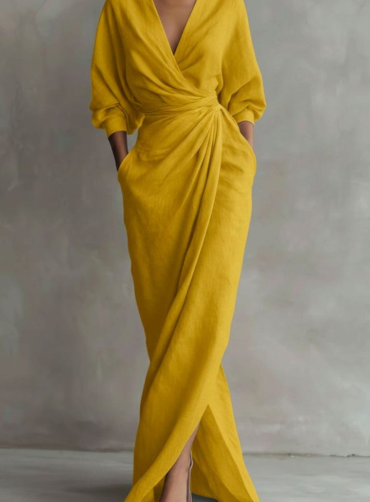 Women's Draped V-Neck 3/4 Sleeve Maxi Wrap Dress - Yellow