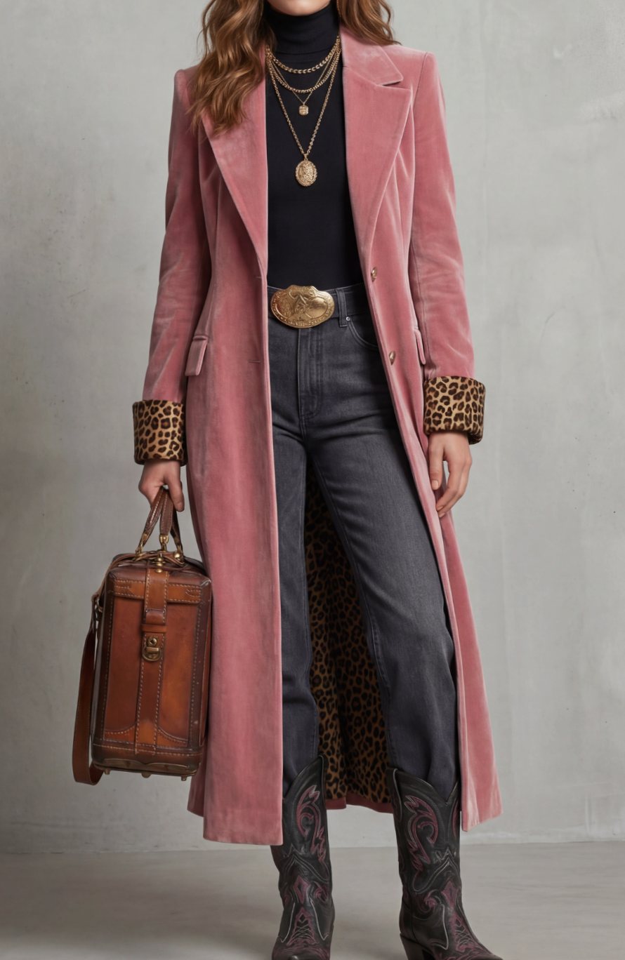 Women's Elegant Long Velvet Coat Leopard-Print Lined - Pink
