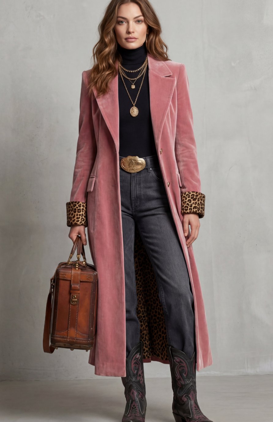 Women's Elegant Long Velvet Coat Leopard-Print Lined