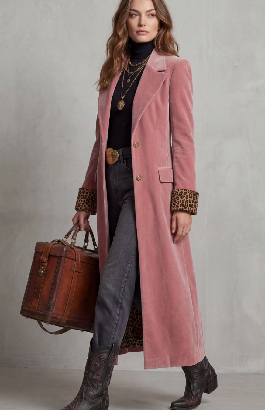 Women's Elegant Long Velvet Coat Leopard-Print Lined