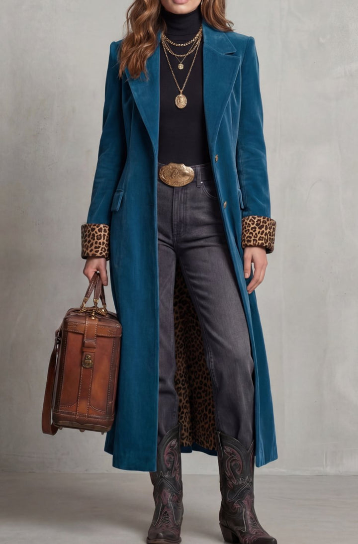 Women's Elegant Long Velvet Coat Leopard-Print Lined - Blue