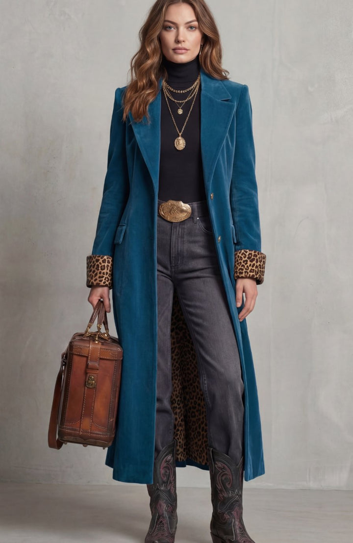 Women's Elegant Long Velvet Coat Leopard-Print Lined