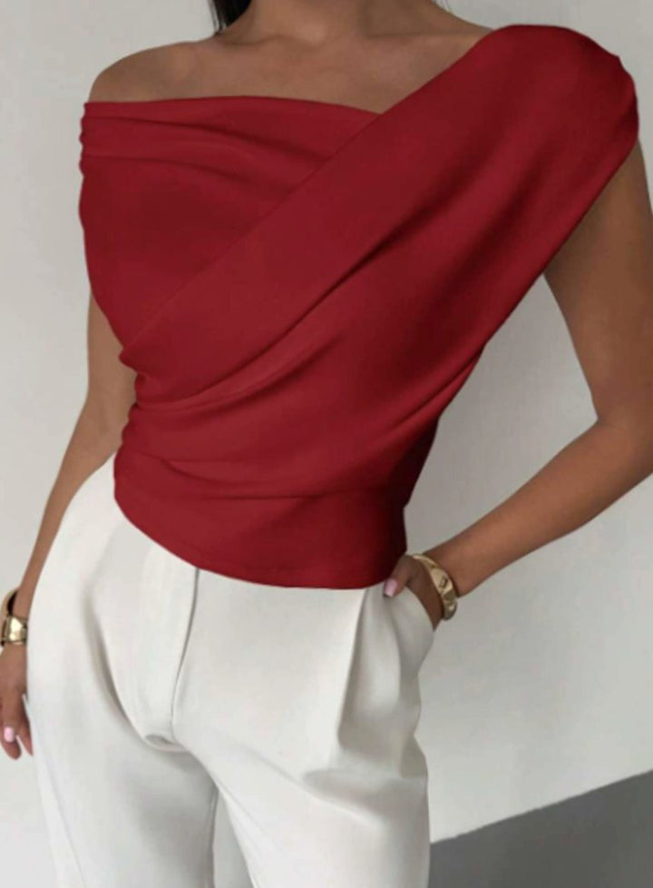 Women's Elegant Off-the-Shoulder Draped Sleeveless Top - Red