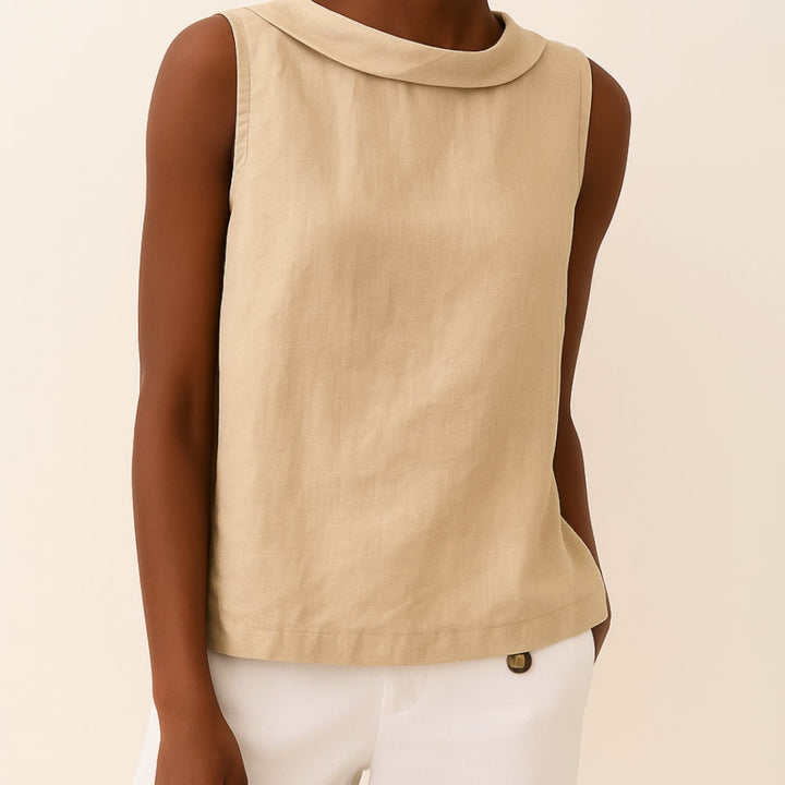 Women's Elegant Sleeveless Blouse Folded Collar Top - Beige